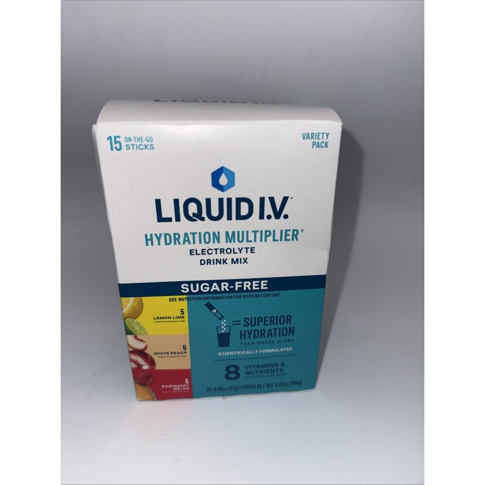 Liquid IV Sugar Free Sticks 15 Pack Lemon Lime White Peach Raspberry Melon.